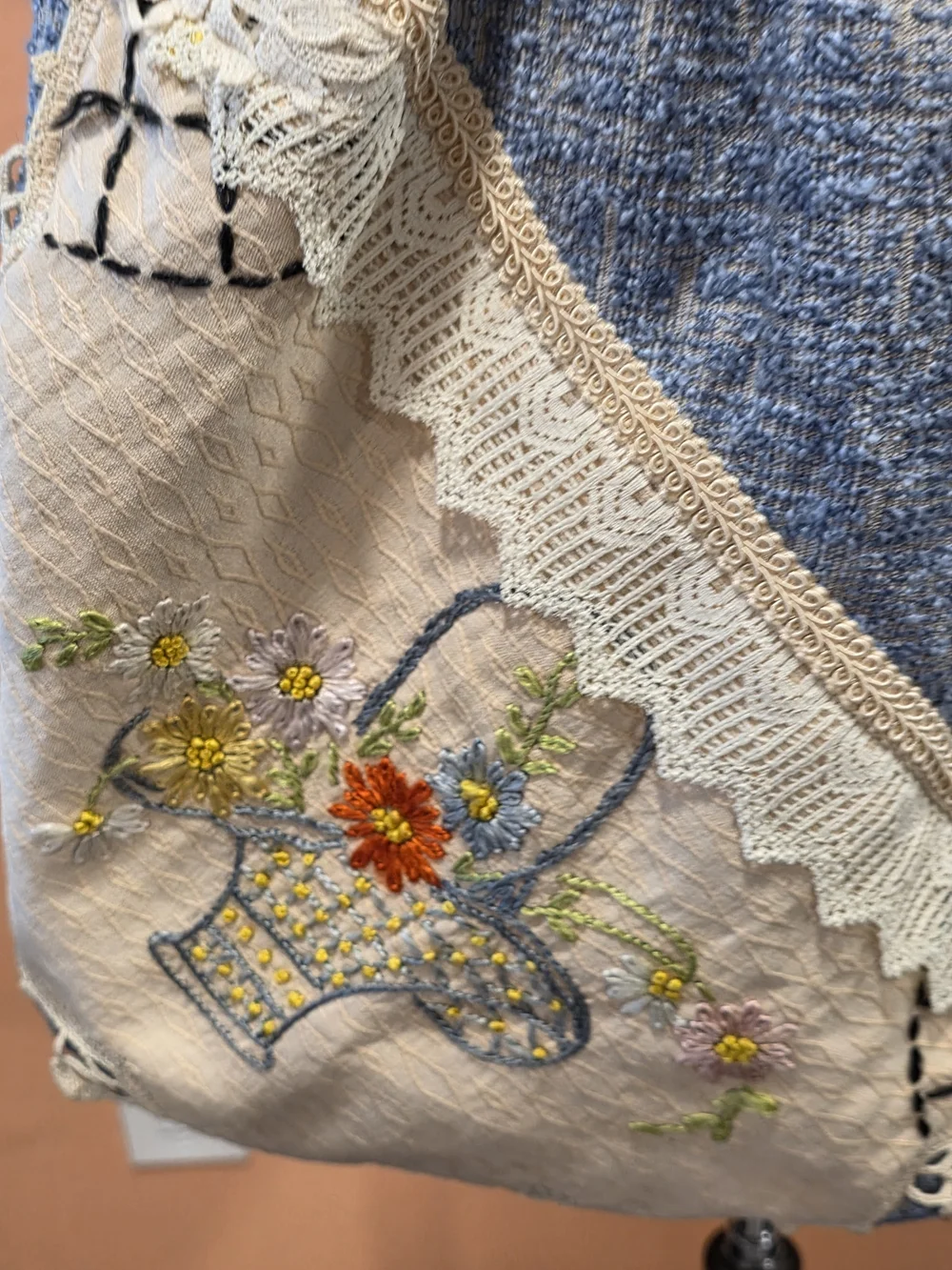 Handmade Patchwork Boho Embroidered Tote Shoulder Bag - Blue Cottagecore